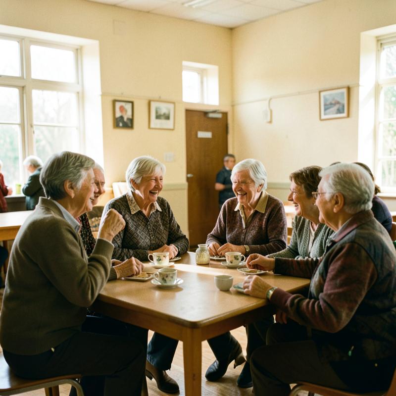 Members of the group laughing together over a cup of tea